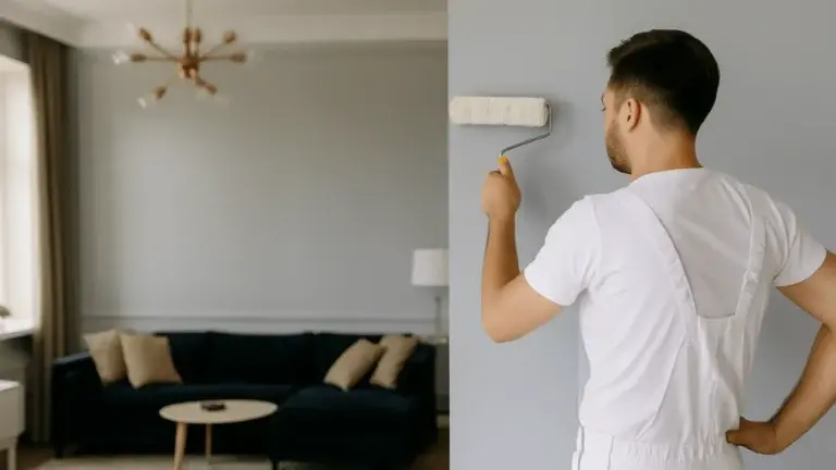Professional painter in white overalls painting a grey wall in a modern living room with a dark sofa and elegant decor
